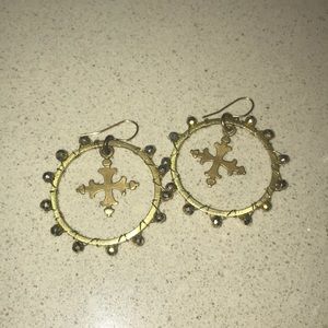 Gold hoops with cross drop
